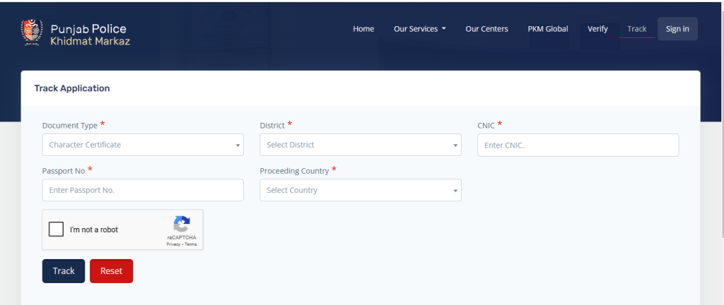 Apply for Punjab Police Character Certificate Online 2025 Rawalpindi, Islamabad 2 PKM Punjab online portal tracking section screenshot