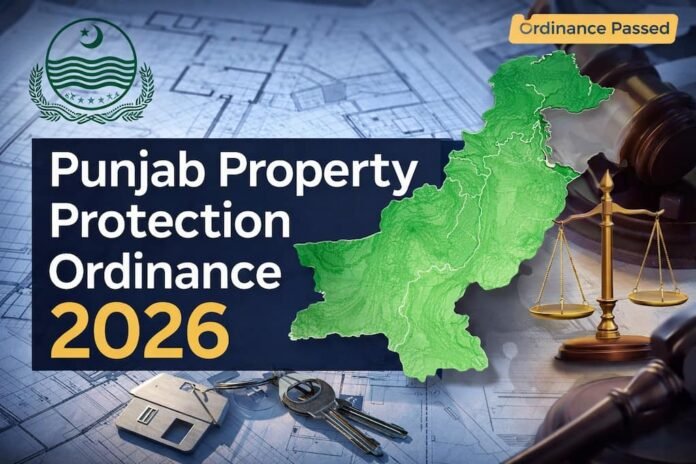 Punjab Property Protection Ordinance 2026 featured image showing Punjab map, scales of justice, gavel and property documents representing new property ownership law in Punjab.
