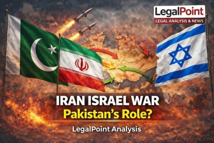 Iran Israel War 2026 featuring Pakistan and Iran flags with missiles over Middle East map showing Pakistan's geopolitical role