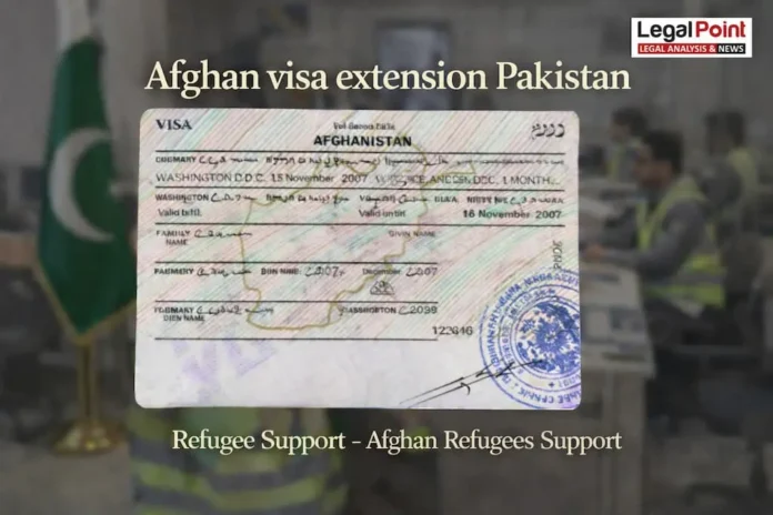 Afghan visa extension Pakistan, Afghan family with visas, refugee support, Pakistani immigration office background