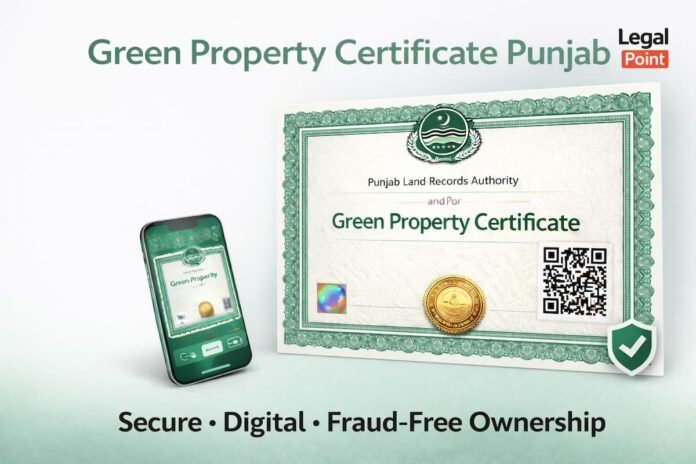 Green Property Certificate Punjab - Official PLRA digital document with natural satellite map, QR code and secure ownership 2026